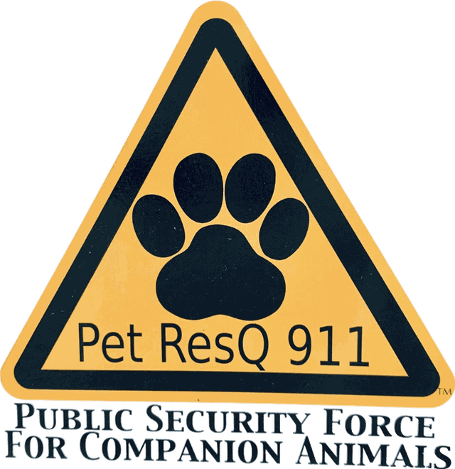 The PetResQ911 logo: a black paw print inside a yellow triangle, with the tagline Public Security Force for Companion Animals
